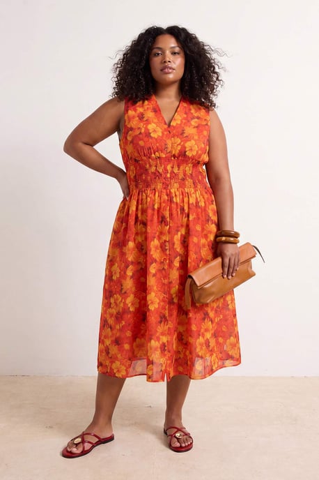 Trendyol Curve Damen Orange Geblümt Midi Kurz Hemdblusenkleid Große Größen Kleid - Image 6