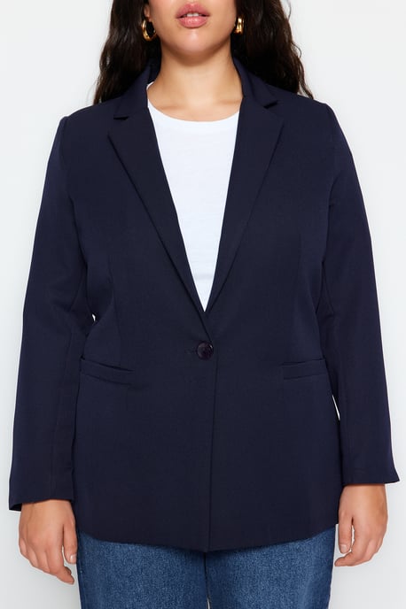 Trendyol Curve Damen Dunkelblau Einfarbig Lang Regular Fit Große Größen Blazer - Image 3