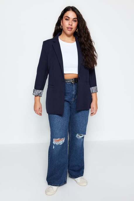 Trendyol Curve Damen Dunkelblau Einfarbig Lang Regular Fit Große Größen Blazer - Image 6