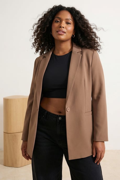 Trendyol Curve Damen Braun Einfarbig Lang Regular Fit Große Größen Blazer - Image 2