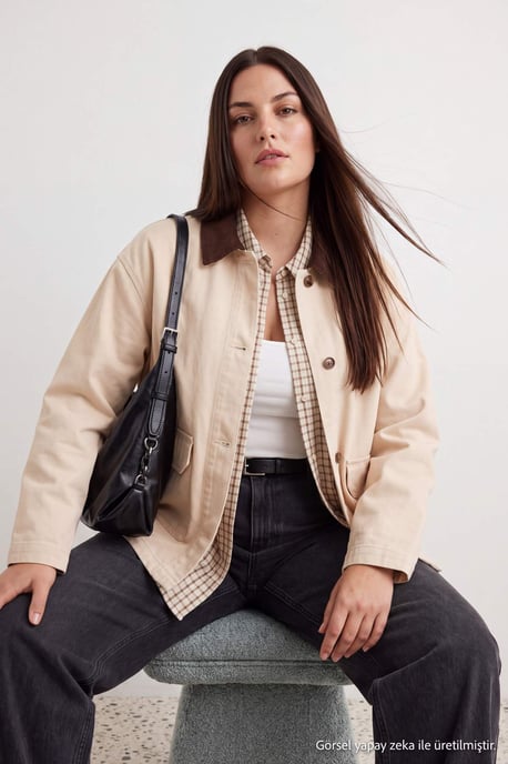 Trendyol Curve Damen Ecru Einfarbig Lang Regular Fit Große Größen Blazer - Image 3