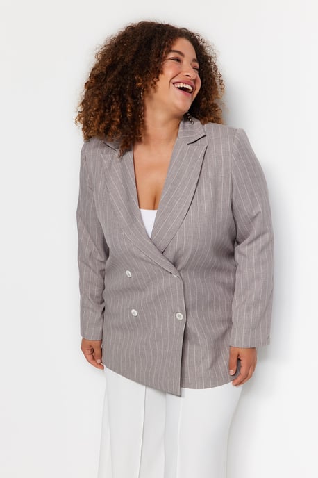 Trendyol Curve Damen Grau Gestreift Lang Relaxed Fit Große Größen Blazer - Image 2