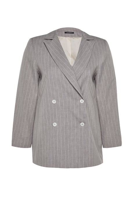 Trendyol Curve Damen Grau Gestreift Lang Relaxed Fit Große Größen Blazer - Image 5