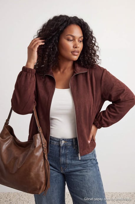 Trendyol Curve Damen Braun Einfarbig Lang, Tailliert Große Größen Blazer - Image 3