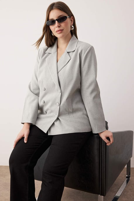 Trendyol Curve Damen Grau Einfarbig Lang Regular Fit Große Größen Blazer - Image 2