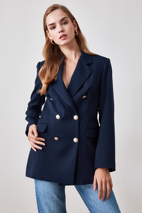 TRENDYOLMİLLA Damen Dunkelblau Einfarbig Lang Oversize Blazer - Image 1