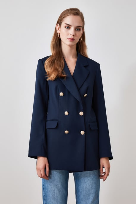 TRENDYOLMİLLA Damen Dunkelblau Einfarbig Lang Oversize Blazer - Image 2