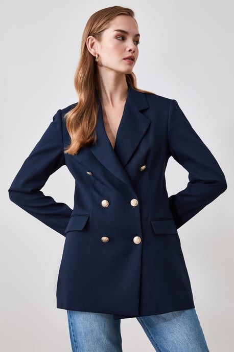 TRENDYOLMİLLA Damen Dunkelblau Einfarbig Lang Oversize Blazer - Image 3