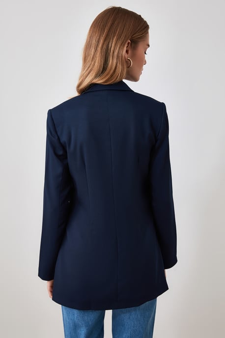 TRENDYOLMİLLA Damen Dunkelblau Einfarbig Lang Oversize Blazer - Image 4