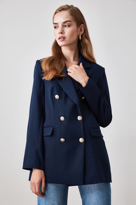 TRENDYOLMİLLA Damen Dunkelblau Einfarbig Lang Oversize Blazer - Image 6