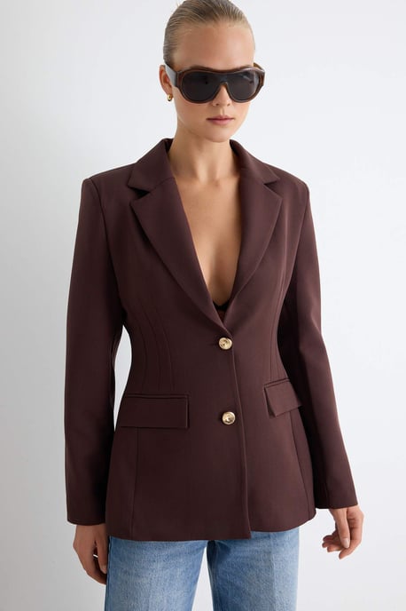 TRENDYOLMİLLA Damen Braun Einfarbig Lang Tailliert Blazer - Image 1