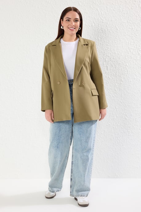 Trendyol Curve Damen Khaki Einfarbig Lang Oversize Große Größen Blazer - Image 1