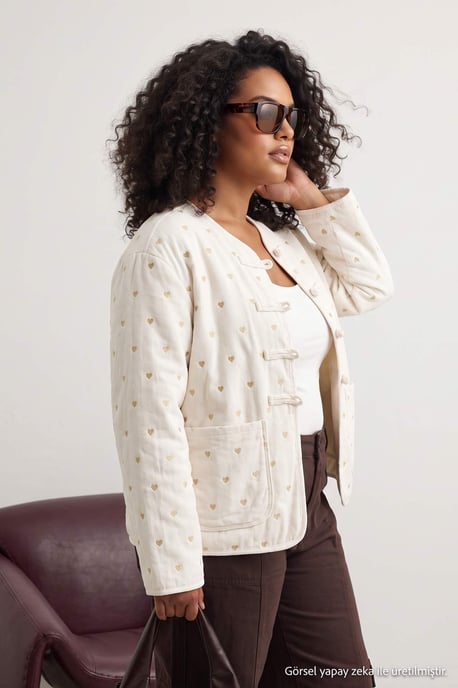 Trendyol Curve Damen Ecru Herz Lang Regular Fit Große Größen Blazer - Image 2