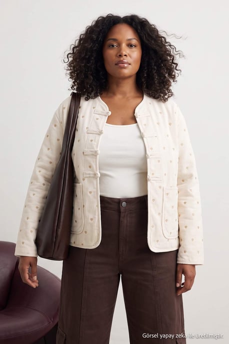 Trendyol Curve Damen Ecru Herz Lang Regular Fit Große Größen Blazer - Image 3