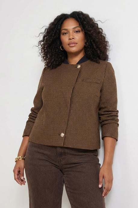 Trendyol Curve Damen Braun Kariert Lang Regular Fit Große Größen Blazer - Image 1
