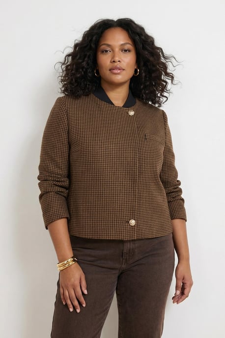 Trendyol Curve Damen Braun Kariert Lang Regular Fit Große Größen Blazer - Image 3