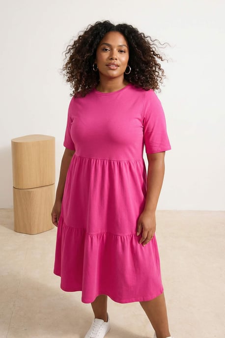Trendyol Curve Damen Rosa Einfarbig Midi Kurz Casual A-Linie Große Größen Kleid - Image 1