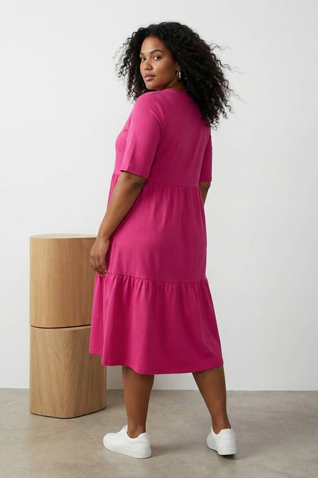 Trendyol Curve Damen Rosa Einfarbig Midi Kurz Casual A-Linie Große Größen Kleid - Image 5