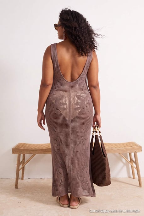 Trendyol Curve Damen Beige Geblümt Midi Ärmellos Bodycon Große Größen Kleid - Image 2