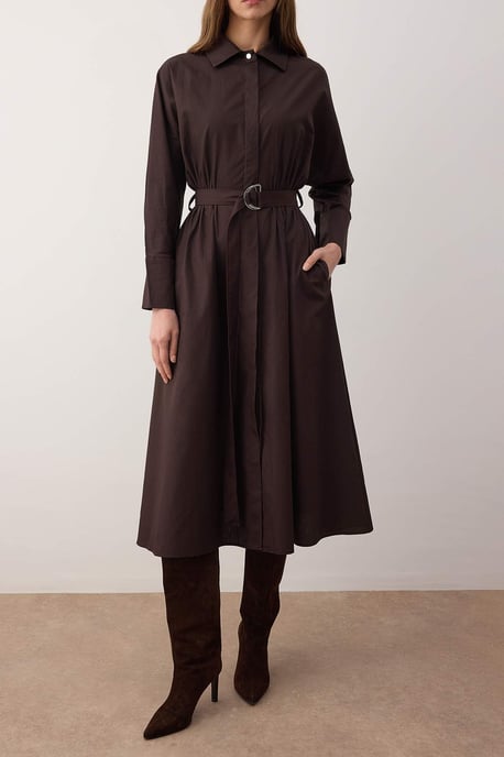 TRENDYOLMİLLA Damen Braun Einfarbig Midi Lang Casual Hemdblusenkleid Kleider - Image 3