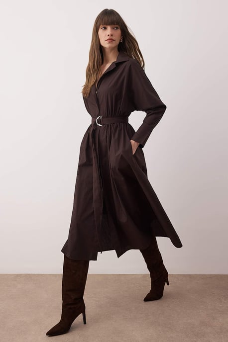 TRENDYOLMİLLA Damen Braun Einfarbig Midi Lang Casual Hemdblusenkleid Kleider - Image 6