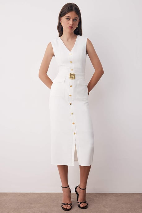 TRENDYOLMİLLA Damen Weiß Einfarbig Midi Ärmellos Abend / Alltag Bodycon Kleider - Image 5