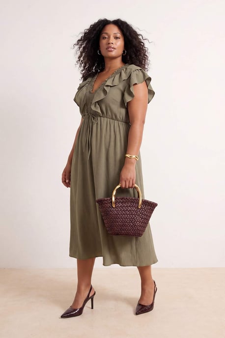 Trendyol Curve Damen Khaki Einfarbig Midi Ärmellos Casual A-Linie Große Größen Kleid - Image 2
