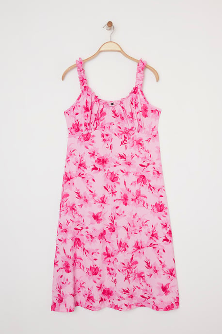 Trendyol Curve Damen Rosa Geblümt Midi Ärmellos Casual A-Linie Große Größen Kleid - Image 5