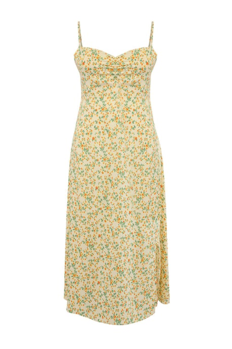 Trendyol Curve Damen Gelb Geblümt Midi Ärmellos Casual A-Linie Große Größen Kleid - Image 3