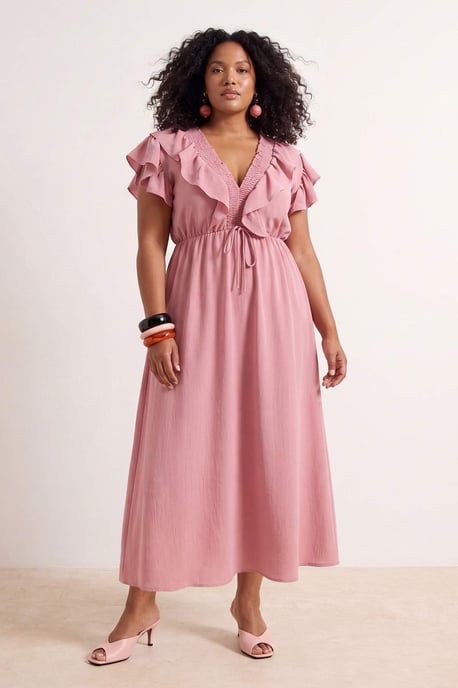 Trendyol Curve Damen Rosa Einfarbig Midi Ärmellos Casual A-Linie Große Größen Kleid - Image 6