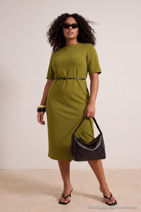 Trendyol Curve Damen Khaki Einfarbig Midi Kurz A-Linie Große Größen Kleid - Image 1