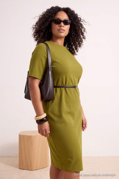 Trendyol Curve Damen Khaki Einfarbig Midi Kurz A-Linie Große Größen Kleid - Image 6
