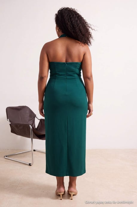 Trendyol Curve Damen Grün Einfarbig Midi Ärmellos Bodycon Große Größen Kleid - Image 2