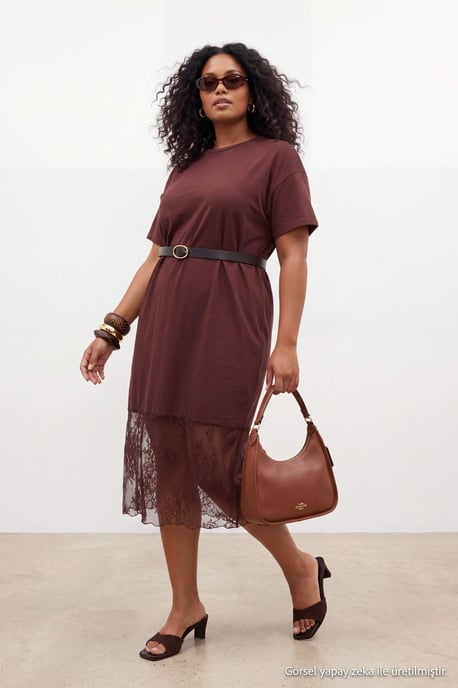 Trendyol Curve Damen Braun Einfarbig Midi Kurz Gerade Große Größen Kleid - Image 1