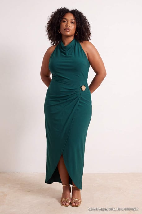 Trendyol Curve Damen Grün Einfarbig Midi Ärmellos Bodycon Große Größen Kleid - Image 6