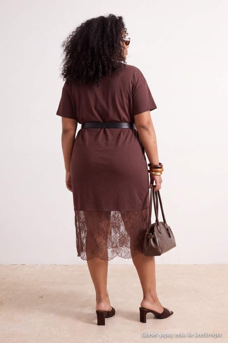 Trendyol Curve Damen Braun Einfarbig Midi Kurz Gerade Große Größen Kleid - Image 6