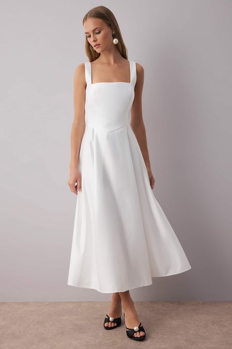 TRENDYOLMİLLA Damen Weiß Einfarbig Midi Ärmellos Elegant/Abend Skater Kleider - Image 3