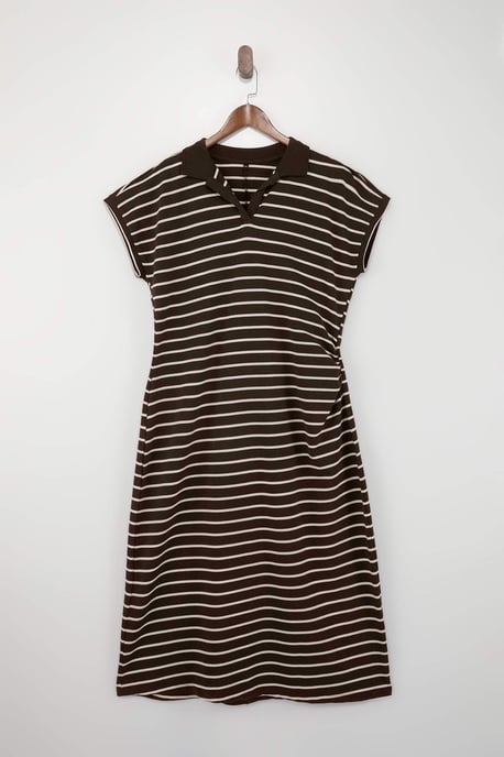 Trendyol Curve Damen Braun Gestreift Midi Kurz Casual A-Linie Große Größen Kleid - Image 2