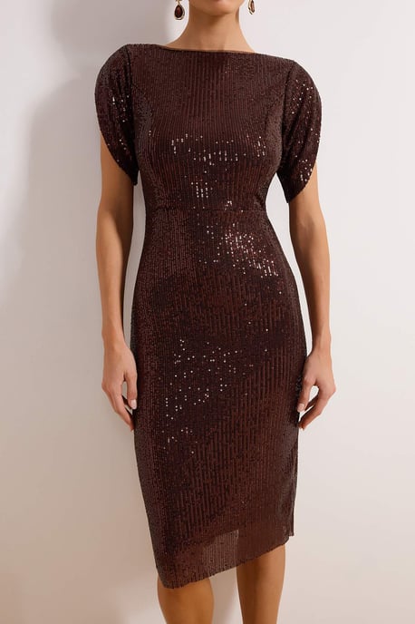 TRENDYOLMİLLA Damen Braun Einfarbig Midi Kurz Elegant/Abend Bodycon Kleider - Image 2