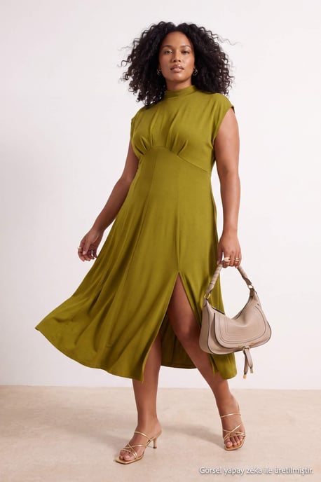 Trendyol Curve Damen Grün Einfarbig Midi Ärmellos Skater Große Größen Kleid - Image 1