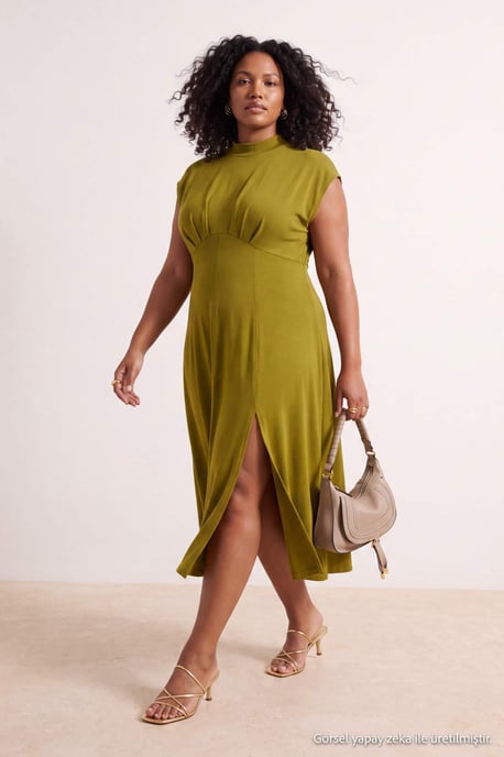 Trendyol Curve Damen Grün Einfarbig Midi Ärmellos Skater Große Größen Kleid - Image 6