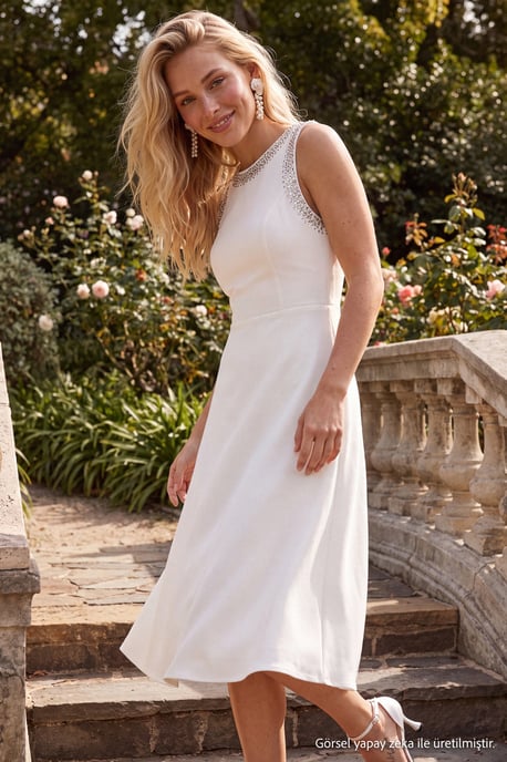 TRENDYOLMİLLA Damen Weiß Einfarbig Midi Ärmellos Elegant/Abend Skater Kleider - Image 2