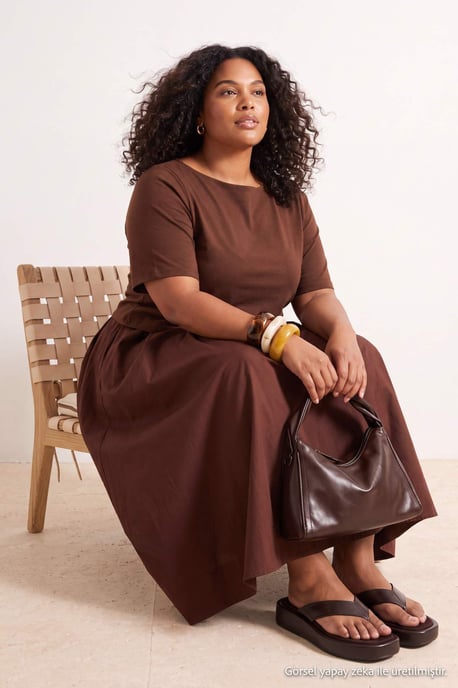 Trendyol Curve Damen Braun Einfarbig Midi Kurz Gerade Große Größen Kleid - Image 6