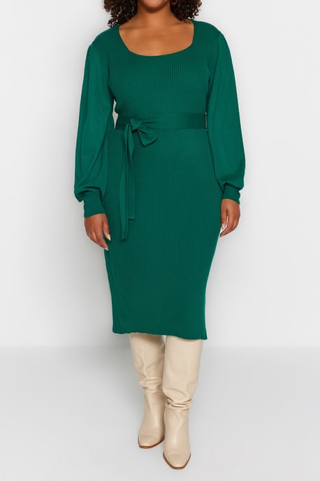 Trendyol Curve Damen Grün Einfarbig Midi Lang Casual Bodycon Große Größen Kleid - Image 2