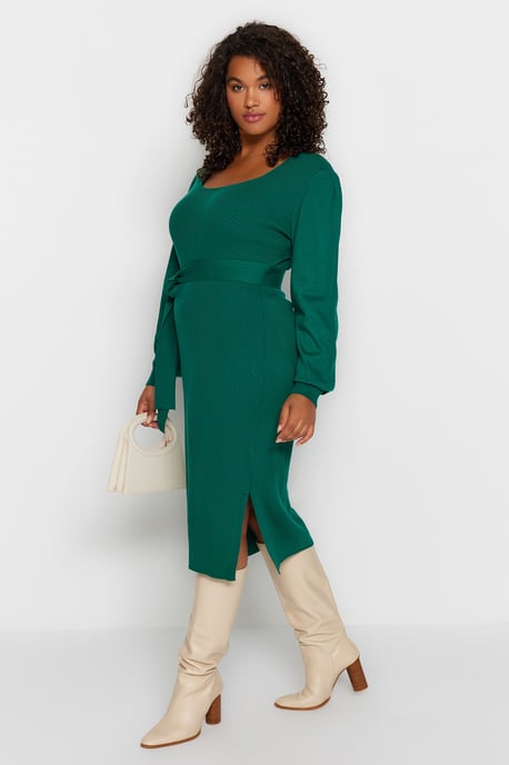 Trendyol Curve Damen Grün Einfarbig Midi Lang Casual Bodycon Große Größen Kleid - Image 6