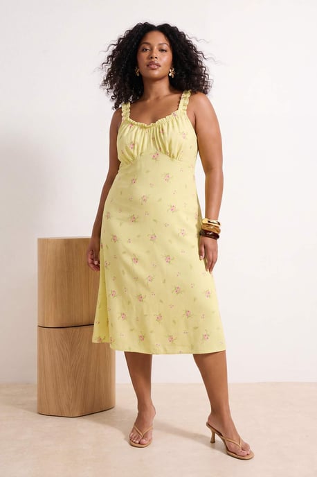 Trendyol Curve Damen Gelb Geblümt Midi Ärmellos Casual A-Linie Große Größen Kleid - Image 6