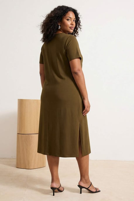 Trendyol Curve Damen Khaki Einfarbig Midi Kurz Casual Gerade Große Größen Kleid - Image 5