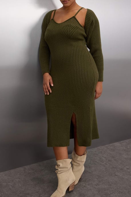 Trendyol Curve Damen Khaki Einfarbig Midi Lang Casual Bodycon Große Größen Kleid - Image 2