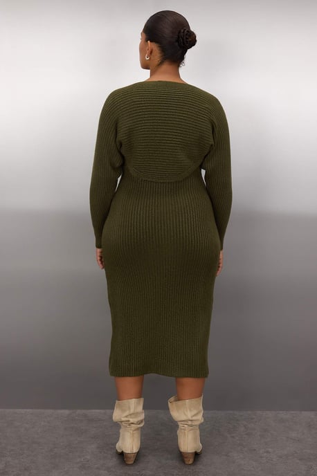 Trendyol Curve Damen Khaki Einfarbig Midi Lang Casual Bodycon Große Größen Kleid - Image 3