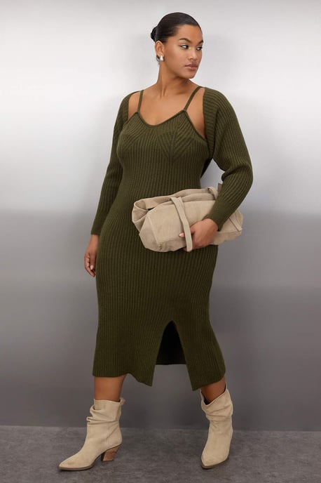 Trendyol Curve Damen Khaki Einfarbig Midi Lang Casual Bodycon Große Größen Kleid - Image 4
